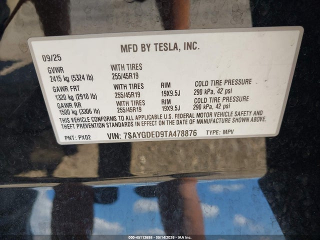 Продажа на аукционе авто 2026 Tesla Model Y, vin: 7SAYGDED9TA478876, номер лота: 45112698