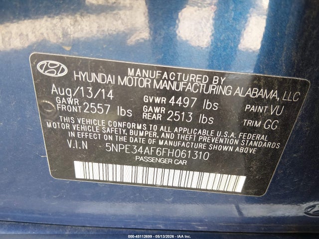 2015 Hyundai Sonata Sport მანქანა იყიდება აუქციონზე, vin: 5NPE34AF6FH061310, აუქციონის ნომერი: 45112699