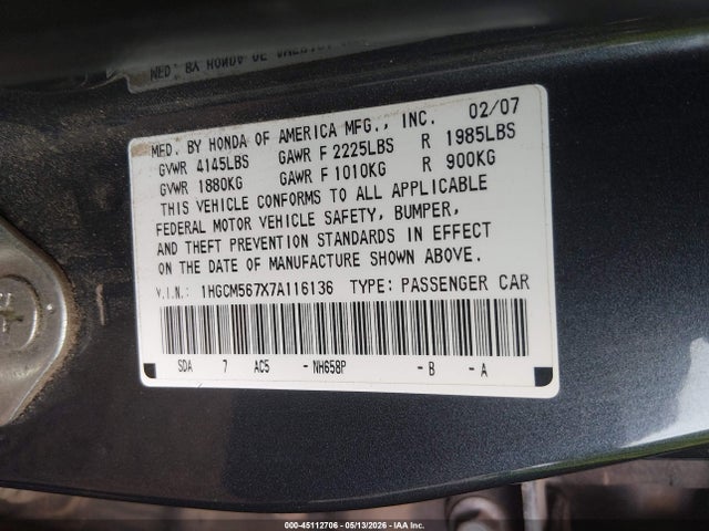 Продажа на аукционе авто 2007 Honda Accord 2.4 Ex, vin: 1HGCM567X7A116136, номер лота: 45112706