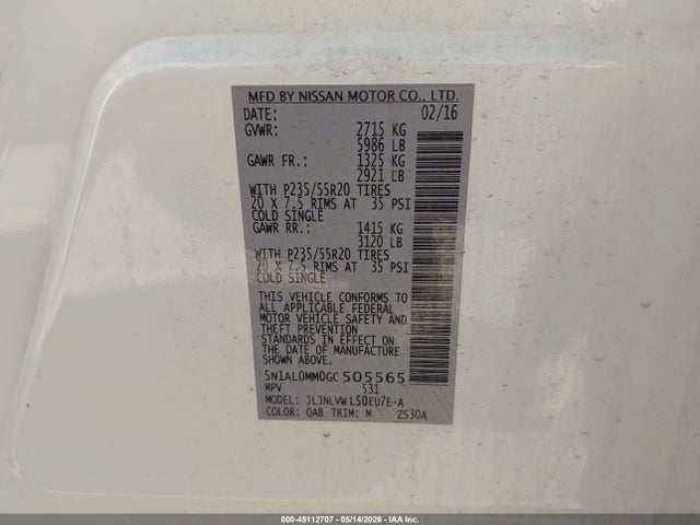 45112707 :رقم المزاد ، 5N1AL0MM0GC505565 vin ، 2016 Infiniti Qx60 مزاد بيع