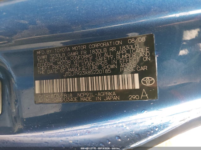 2008 Toyota Yaris მანქანა იყიდება აუქციონზე, vin: JTDJT923X85220185, აუქციონის ნომერი: 45112710