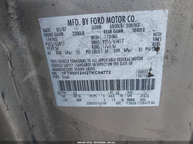 Продажа на аукционе авто 2007 Ford F-150 Xlt, vin: 1FTRW12W27KC94772, номер лота: 45112722