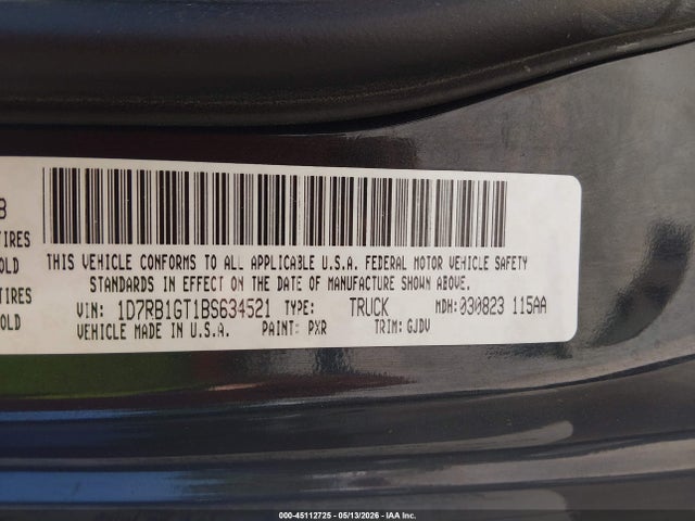 45112725 :رقم المزاد ، 1D7RB1GT1BS634521 vin ، 2011 Ram Ram 1500 Laramie مزاد بيع