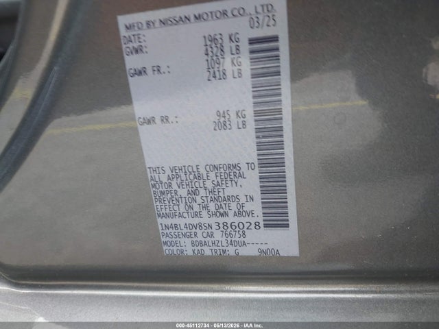 Продажа на аукционе авто 2025 Nissan Altima Sv Fwd, vin: 1N4BL4DV8SN386028, номер лота: 45112734