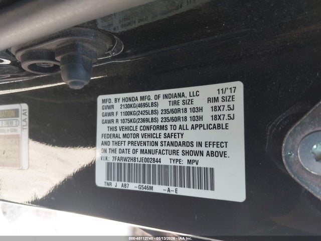 Aukcja sprzedaży 2018 Honda Cr-v Ex-l/ex-l Navi, vin: 7FARW2H81JE002844, numer aukcji: 45112740