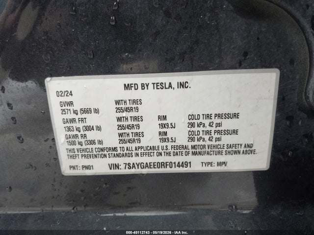 Aukcja sprzedaży 2024 Tesla Model Y Long Range Dual Motor All-wheel Drive, vin: 7SAYGAEE0RF014491, numer aukcji: 45112743