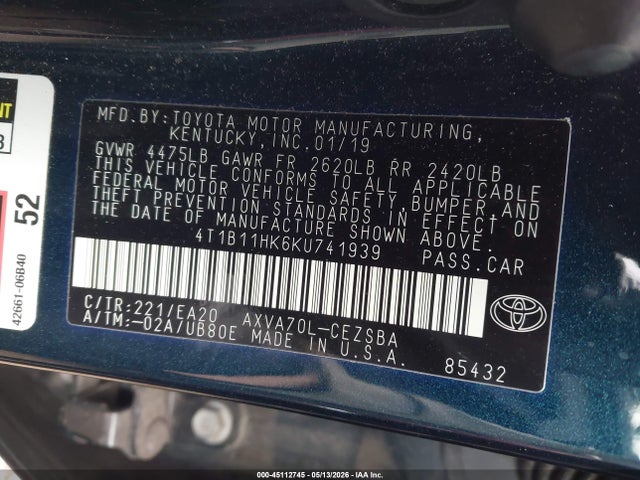 Aukcja sprzedaży 2019 Toyota Camry Se, vin: 4T1B11HK6KU741939, numer aukcji: 45112745