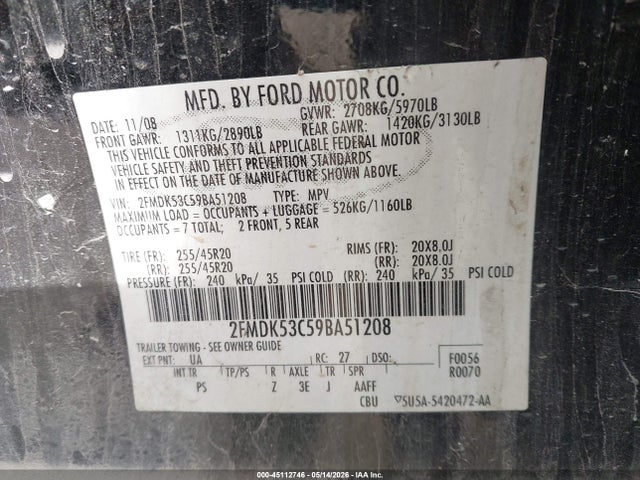 Продажа на аукционе авто 2009 Ford Flex Limited, vin: 2FMDK53C59BA51208, номер лота: 45112746
