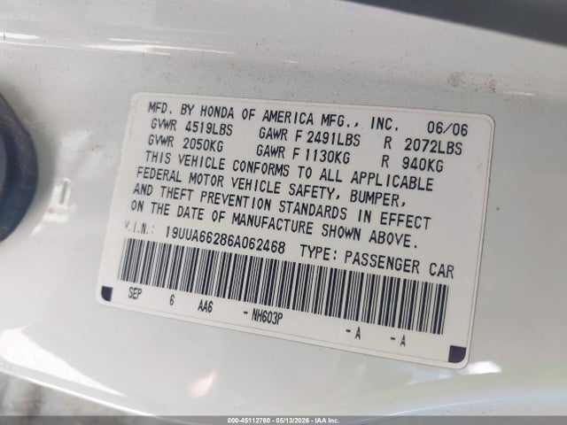 Продажа на аукционе авто 2006 Acura Tl, vin: 19UUA66286A062468, номер лота: 45112760