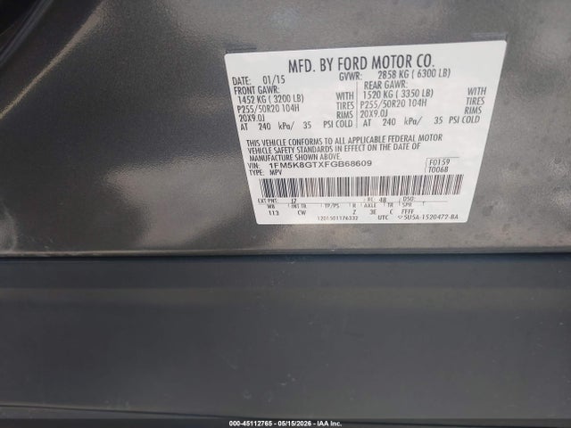 Ford EXPLORER SPORT 2015 1FM5K8GTXFGB68609 Image 9