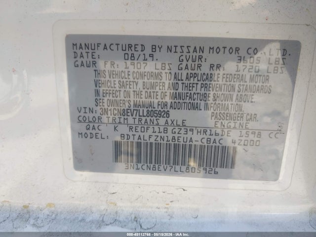 3N1CN8EV7LL805926 Nissan Versa Sv Xtronic Cvt