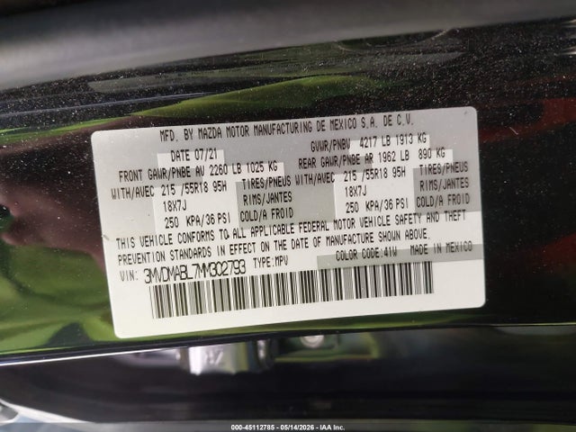 45112785 :رقم المزاد ، 3MVDMABL7MM302793 vin ، 2021 Mazda Cx-30 Select مزاد بيع