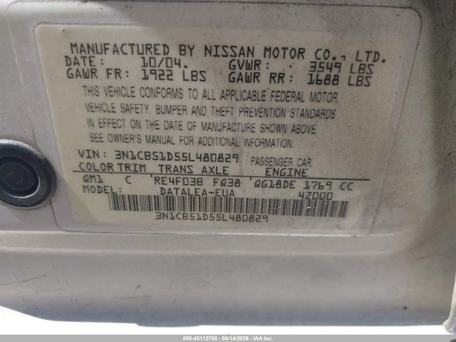 2005 Nissan Sentra 1.8s მანქანა იყიდება აუქციონზე, vin: 3N1CB51D55L480829, აუქციონის ნომერი: 45112788