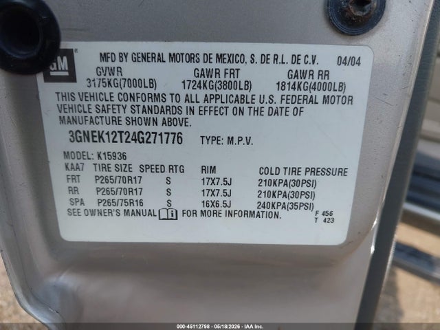 45112798 :رقم المزاد ، 3GNEK12T24G271776 vin ، 2004 Chevrolet Avalanche 1500 مزاد بيع