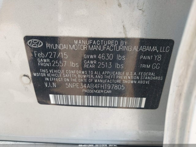2015 Hyundai Sonata Sport 2.0t მანქანა იყიდება აუქციონზე, vin: 5NPE34AB4FH197805, აუქციონის ნომერი: 45112800