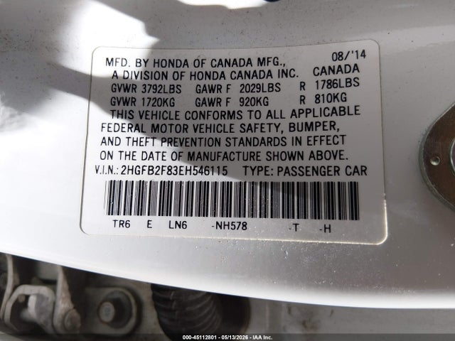 Продаж на аукціоні авто 2014 Honda Civic Ex, vin: 2HGFB2F83EH546115, номер лоту: 45112801