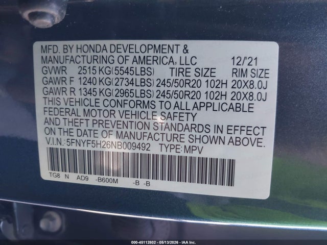 5FNYF5H26NB009492 Honda Pilot 2wd Special Edition