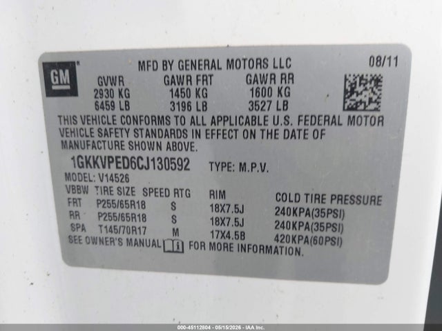 Aukcja sprzedaży 2012 Gmc Acadia Sle, vin: 1GKKVPED6CJ130592, numer aukcji: 45112804
