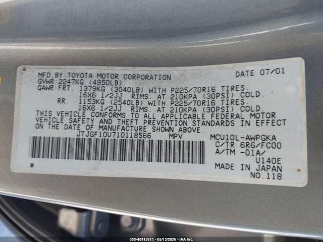 Aukcja sprzedaży 2001 Lexus Rx 300, vin: JTJGF10U710118566, numer aukcji: 45112811