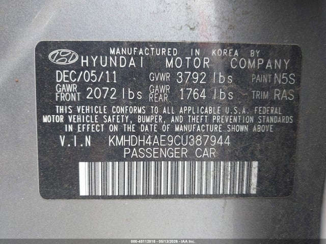 Aukcja sprzedaży 2012 Hyundai Elantra Gls (ulsan Plant), vin: KMHDH4AE9CU387944, numer aukcji: 45112818