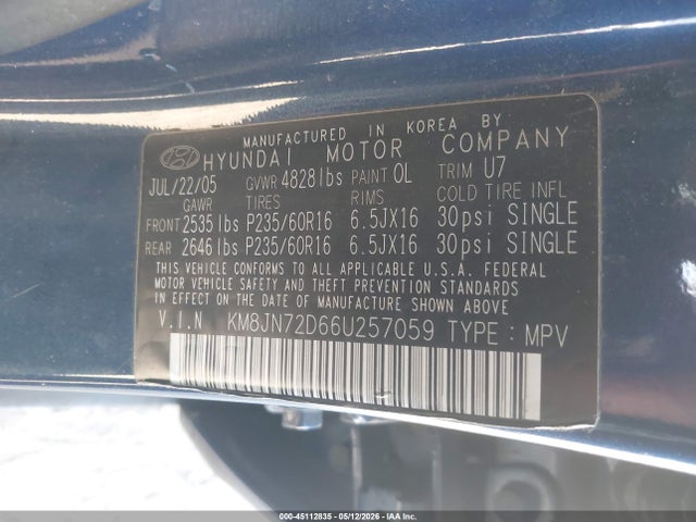 2006 Hyundai Tucson Gls/limited მანქანა იყიდება აუქციონზე, vin: KM8JN72D66U257059, აუქციონის ნომერი: 45112835