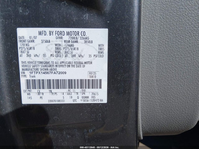 Продажа на аукционе авто 2007 Ford F-150 Fx4/lariat/xl/xlt, vin: 1FTPX14567FA72009, номер лота: 45112845