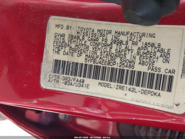 45112846 :رقم المزاد ، 5YFBU4EE0DP125486 vin ، 2013 Toyota Corolla L مزاد بيع