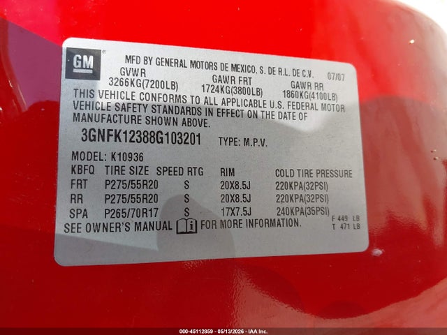 Aukcja sprzedaży 2008 Chevrolet Avalanche 1500 Ltz, vin: 3GNFK12388G103201, numer aukcji: 45112859