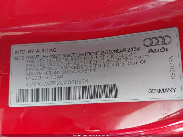 45112863 :رقم المزاد ، WAUCVAFR2CA038674 vin ، 2012 Audi S5 4.2 Premium Plus مزاد بيع