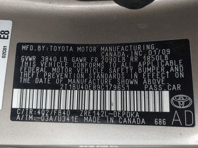 Продаж на аукціоні авто 2009 Toyota Corolla Le, vin: 2T1BU40E89C179651, номер лоту: 45112865