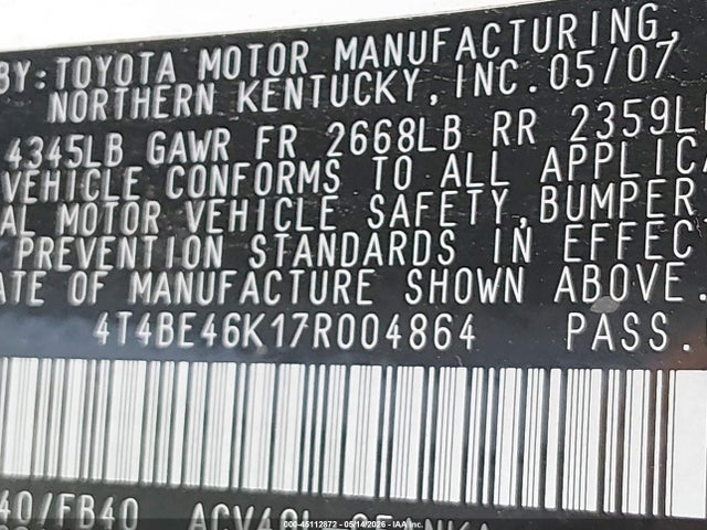 45112872 :رقم المزاد ، 4T4BE46K17R004864 vin ، 2007 Toyota Camry Le مزاد بيع