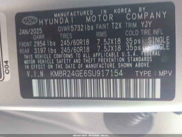 45112876 :رقم المزاد ، KM8R24GE6SU917154 vin ، 2025 Hyundai Palisade Sel مزاد بيع
