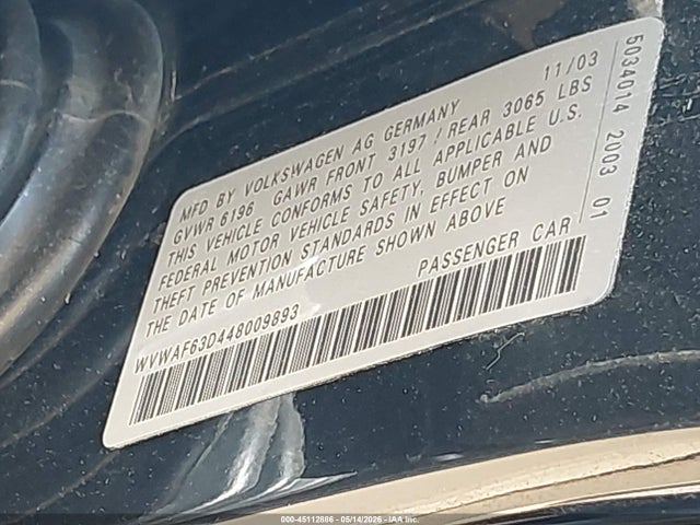 45112886 :رقم المزاد ، WVWAF63D448009893 vin ، 2004 Volkswagen Phaeton V8 مزاد بيع