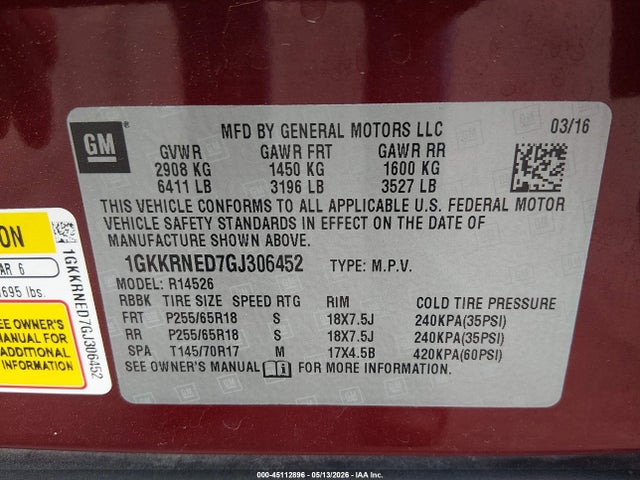 Aukcja sprzedaży 2016 Gmc Acadia Sle-1, vin: 1GKKRNED7GJ306452, numer aukcji: 45112896