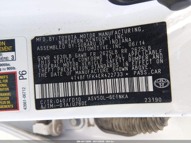 45112898 :رقم المزاد ، 4T4BF1FK4ER422733 vin ، 2014 Toyota Camry Le مزاد بيع