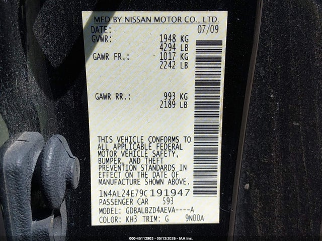Aukcja sprzedaży 2009 Nissan Altima 2.5 S, vin: 1N4AL24E79C191947, numer aukcji: 45112903