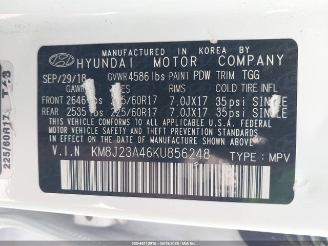 45112915 :رقم المزاد ، KM8J23A46KU856248 vin ، 2019 Hyundai Tucson Se مزاد بيع