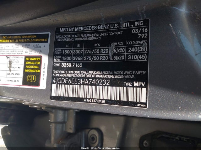 Aukcja sprzedaży 2017 Mercedes-benz Gls 450 4matic, vin: 4JGDF6EE3HA740232, numer aukcji: 45112920