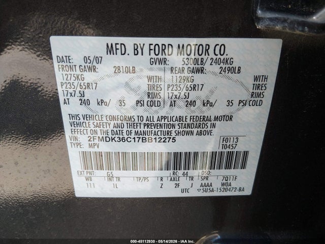 2007 Ford Edge Se მანქანა იყიდება აუქციონზე, vin: 2FMDK36C17BB12275, აუქციონის ნომერი: 45112930
