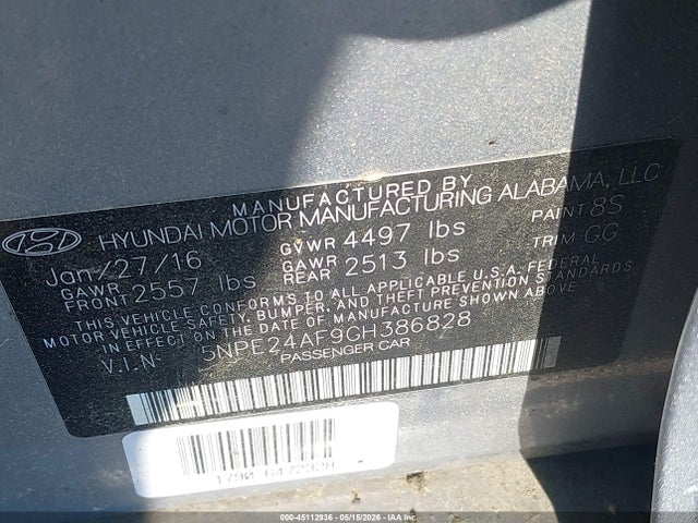 2016 Hyundai Sonata მანქანა იყიდება აუქციონზე, vin: 5NPE24AF9GH386828, აუქციონის ნომერი: 45112936