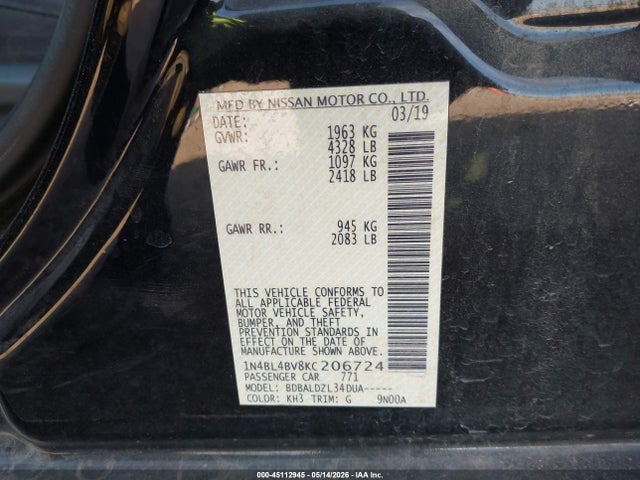 Nissan Altima 2.5 S 2019 1N4BL4BV8KC206724 Image 9