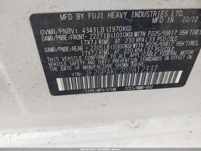 45112973 :رقم المزاد ، JF2GPAKC2D2812337 vin ، 2013 Subaru Xv Crosstrek 2.0i Limited مزاد بيع