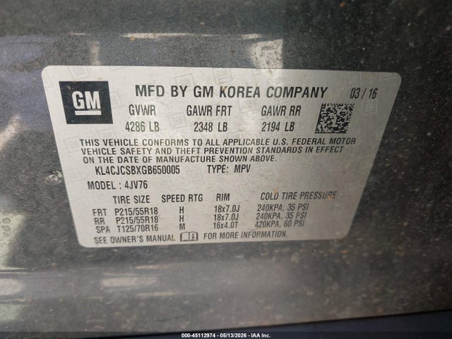 45112974 :رقم المزاد ، KL4CJCSBXGB650005 vin ، 2016 Buick Encore Leather مزاد بيع