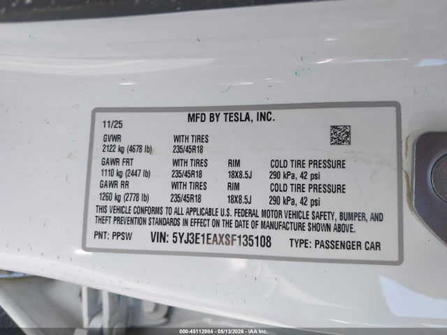 45112984 :رقم المزاد ، 5YJ3E1EAXSF135108 vin ، 2025 Tesla Model 3 مزاد بيع