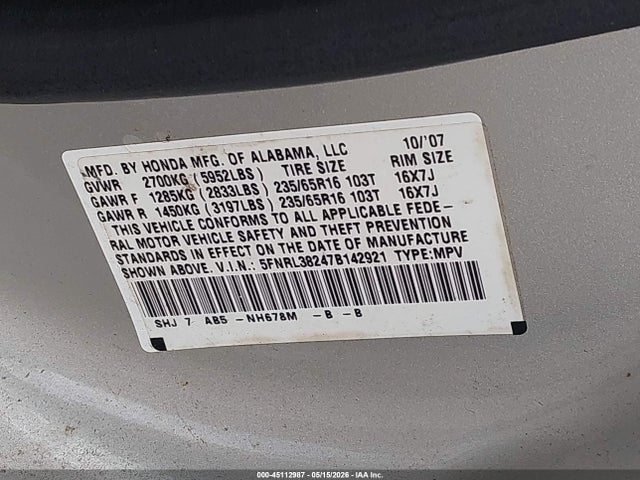 2007 Honda Odyssey Lx მანქანა იყიდება აუქციონზე, vin: 5FNRL38247B142921, აუქციონის ნომერი: 45112987
