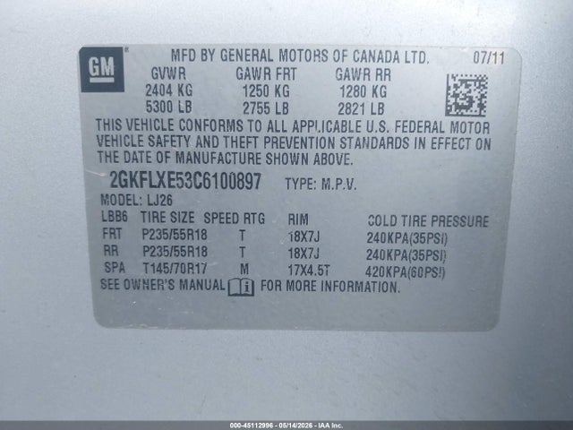 45112996 :رقم المزاد ، 2GKFLXE53C6100897 vin ، 2012 Gmc Terrain Slt-2 مزاد بيع