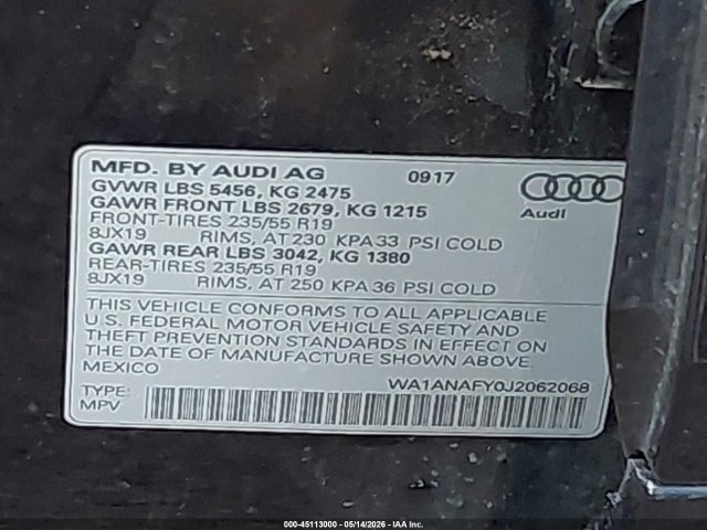 Продажа на аукционе авто 2018 Audi Q5 2.0t Premium/2.0t Tech Premium, vin: WA1ANAFY0J2062068, номер лота: 45113000