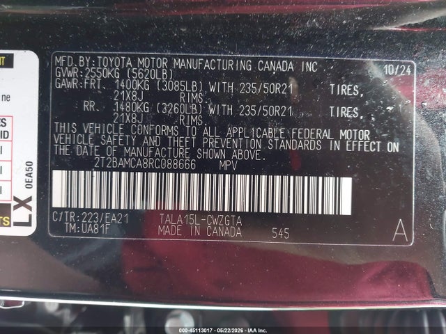 45113017 :رقم المزاد ، 2T2BAMCA8RC088666 vin ، 2024 Lexus Rx 350 Premium مزاد بيع