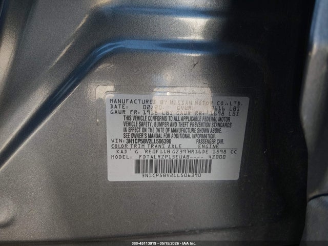 Продажа на аукционе авто 2020 Nissan Kicks S Xtronic Cvt, vin: 3N1CP5BV2LL506390, номер лота: 45113019