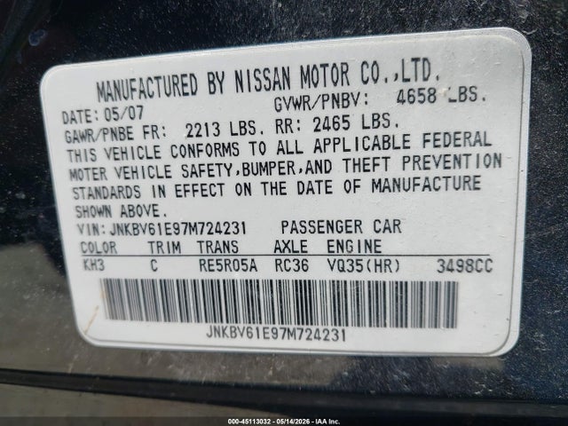 45113032 :رقم المزاد ، JNKBV61E97M724231 vin ، 2007 Infiniti G35 Journey مزاد بيع